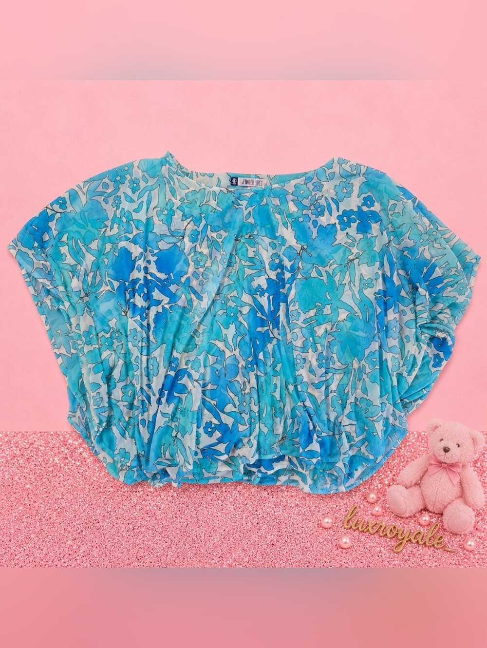 Jennifer Lopez Blue Floral Dolman Blouse Size Large Batwing Flowy Top - Picture 5 of 5